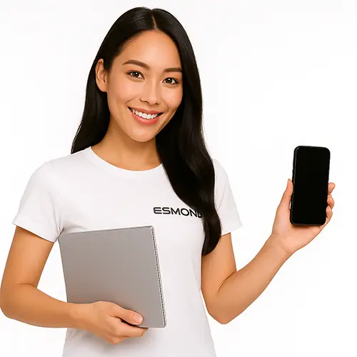 Smiling Asian woman from Esmond Service Centre holding laptop and iPhone, representing professional laptop, MacBook, and iPhone repair services in Singapore