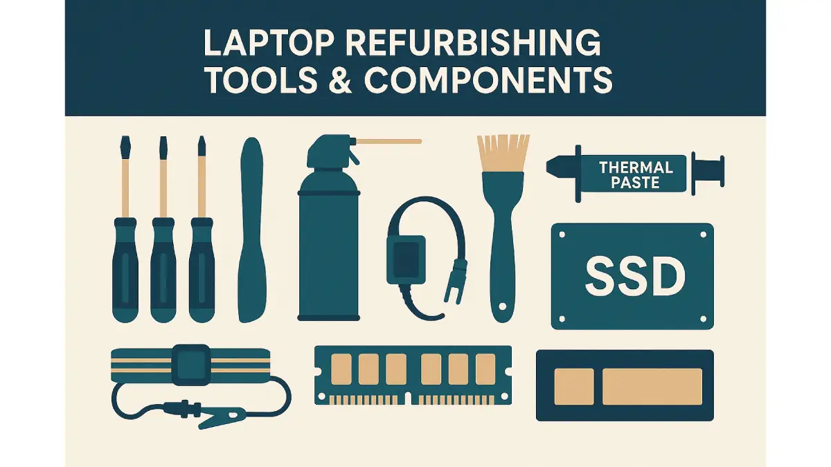 Illustration of essential tools and parts needed for laptop refurbishing