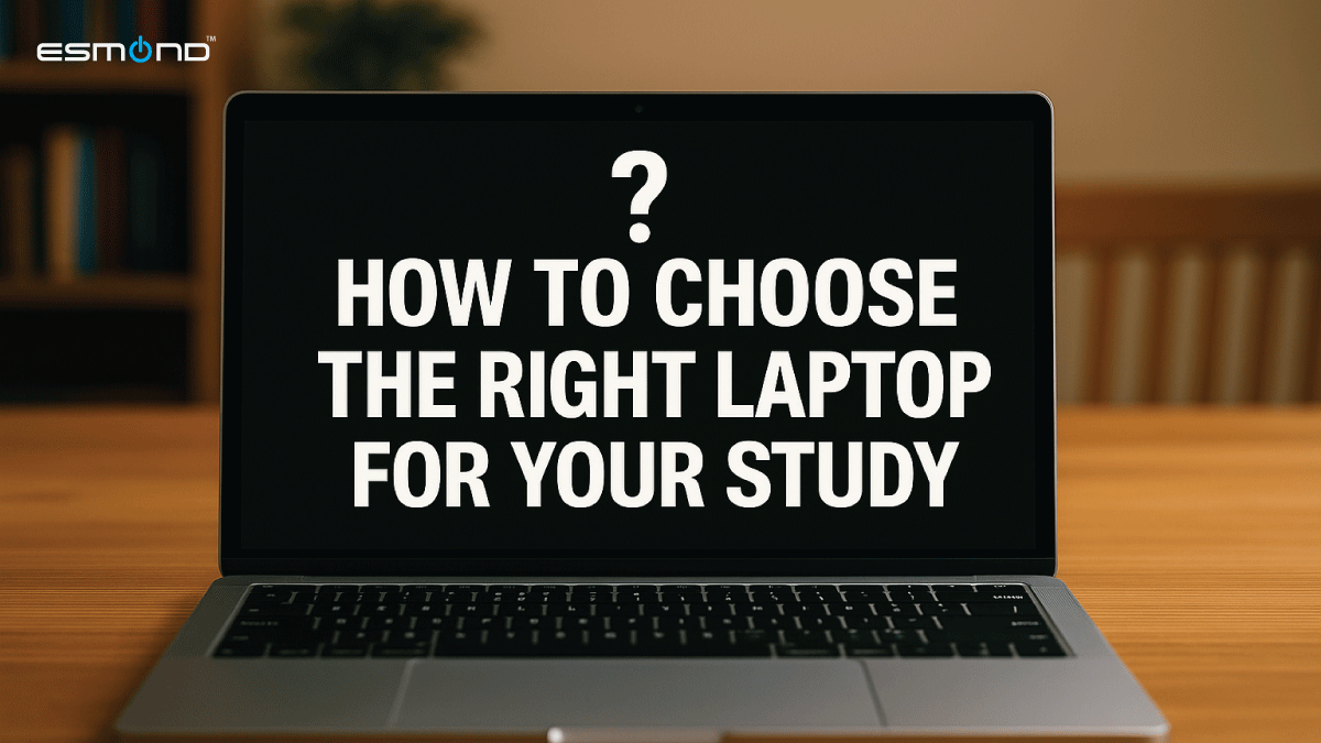 Open laptop on desk displaying text How to Choose the Right Laptop for Your Study, ideal for student tech buying guide 2025.