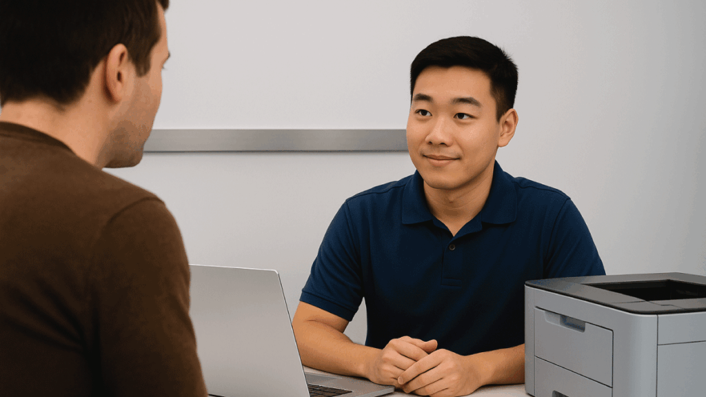 Customer receiving tech support at an HP-style service desk in Singapore with laptop and printer in view