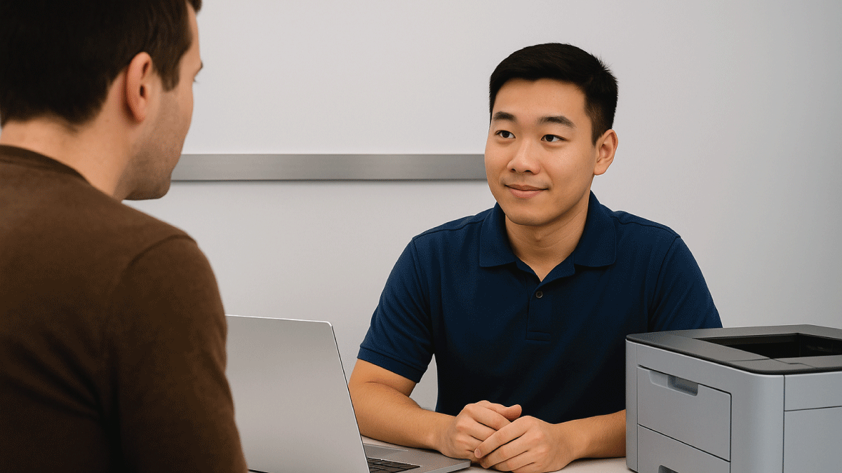 Customer receiving tech support at an HP-style service desk in Singapore with laptop and printer in view
