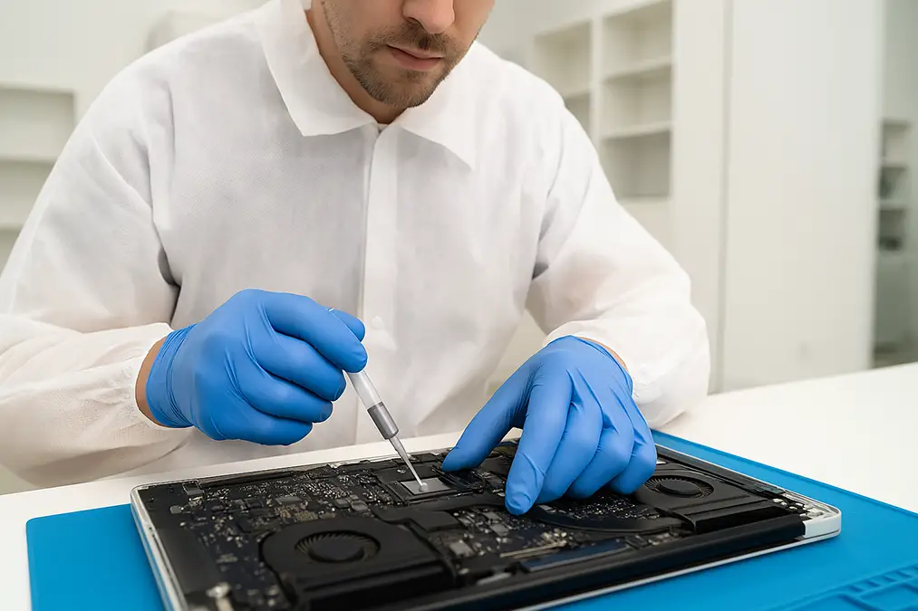 Technician applying thermal paste during computer servicing at Esmond Service Centre, Singapore, highlighting expert maintenance and care.