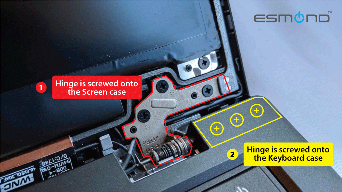 Detailed close-up of the internal structure of a laptop hinge, showing how the hinge connects the display to the keyboard chassis.