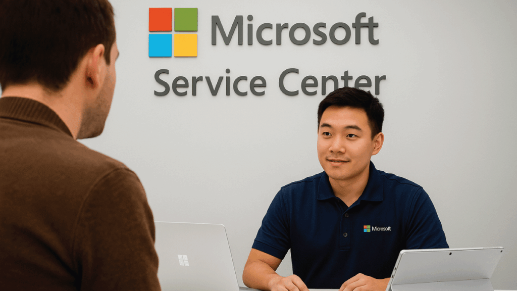 Customer receiving support at a Microsoft Service Center in Singapore with Surface devices on the desk.