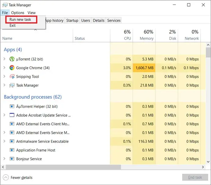 Windows 10 Task Manager with the "Run new task" option highlighted in the menu.