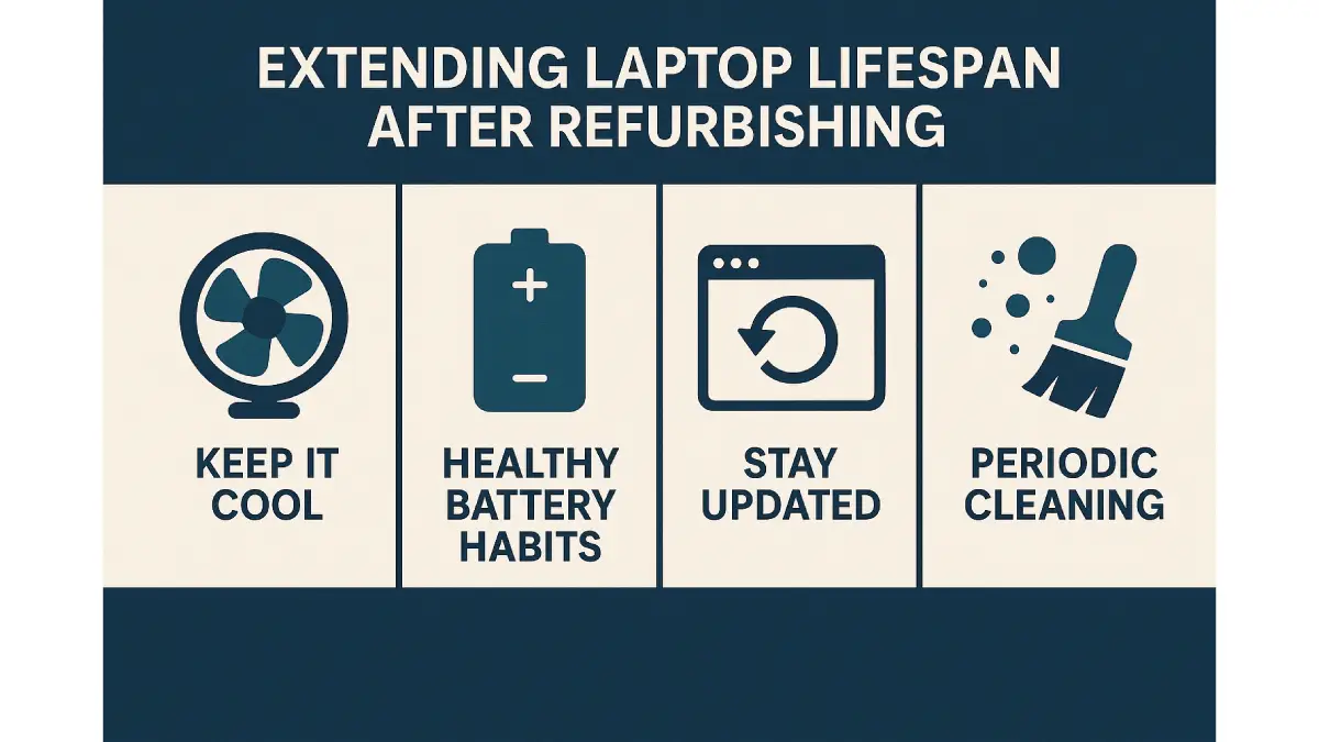 Infographic on practical tips to extend laptop lifespan after refurbishing