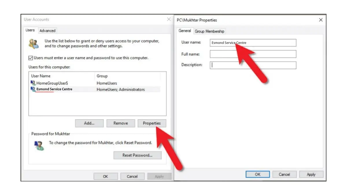 Renaming username using netplwiz tool in Windows