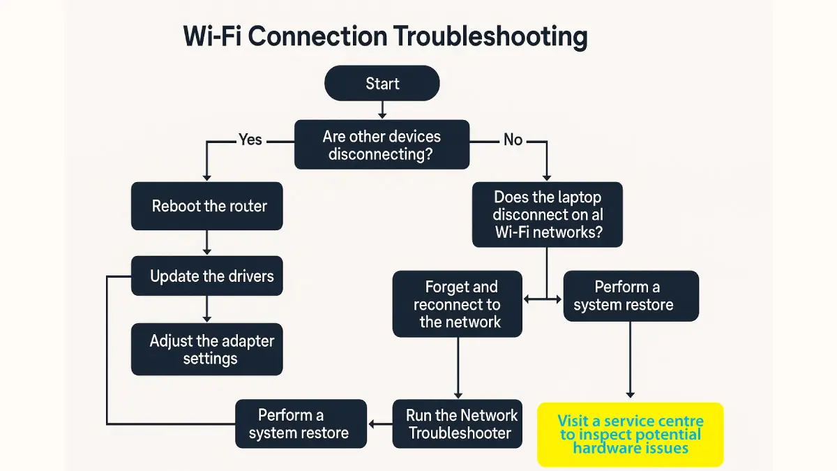 Step-by-step WiFi troubleshooting flowchart for Windows laptop users