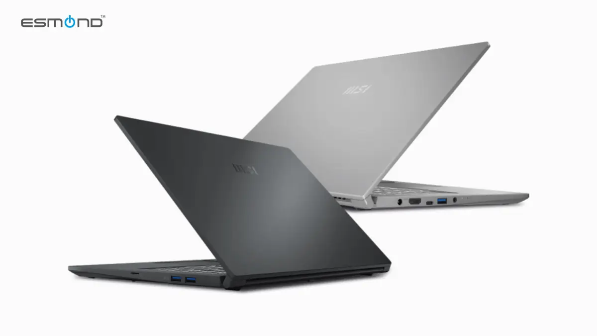 MSI Modern 15 laptop on a desk with minimalist student setup