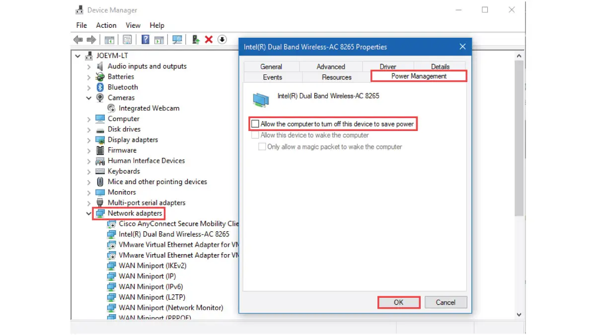 Disabling power-saving mode for WiFi adapter in Windows
