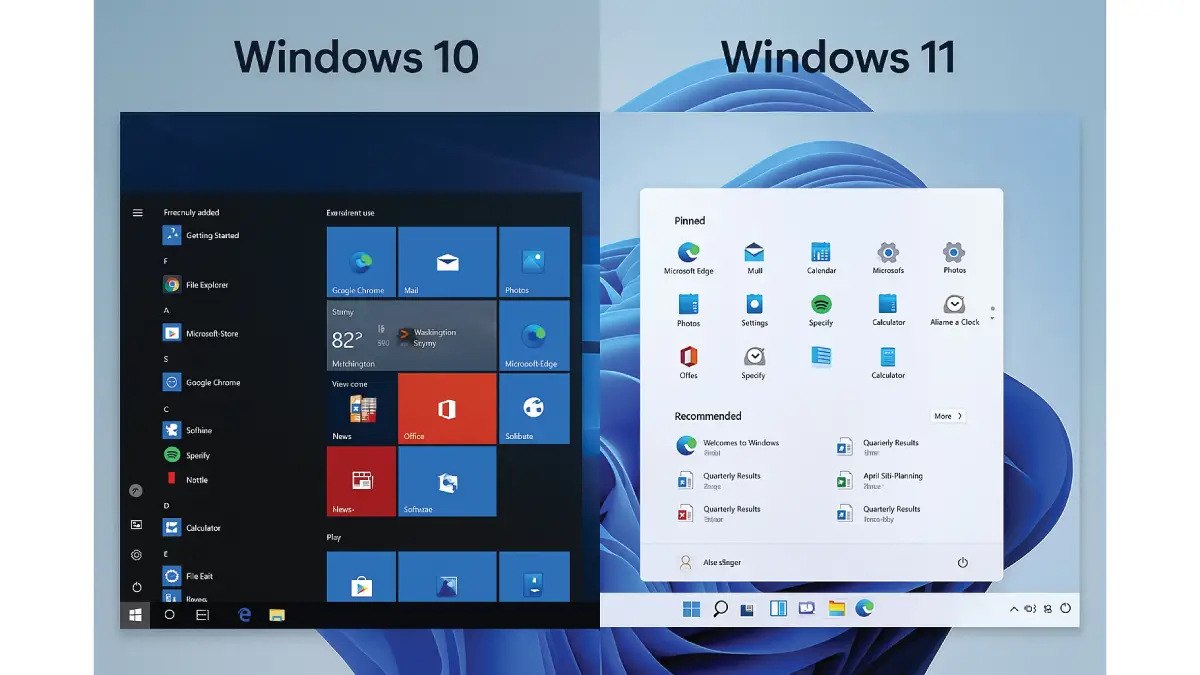 Screenshot comparison of Start Menu in Windows 10 vs Windows 11