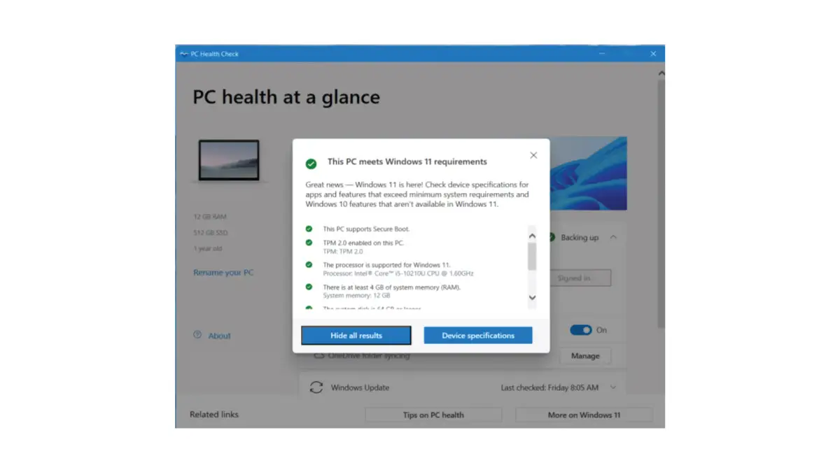 Microsoft PC Health Check app assessing Windows 11 compatibility