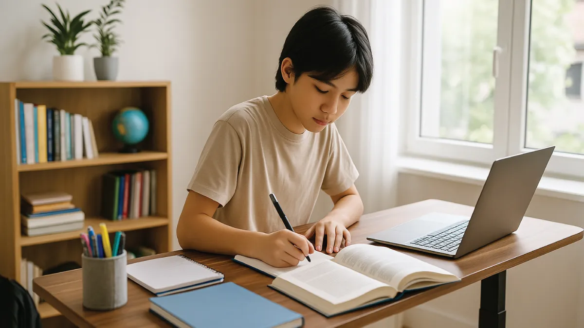 Best standing desk for students setup with young Asian student studying at a modern adjustable desk in Singapore.