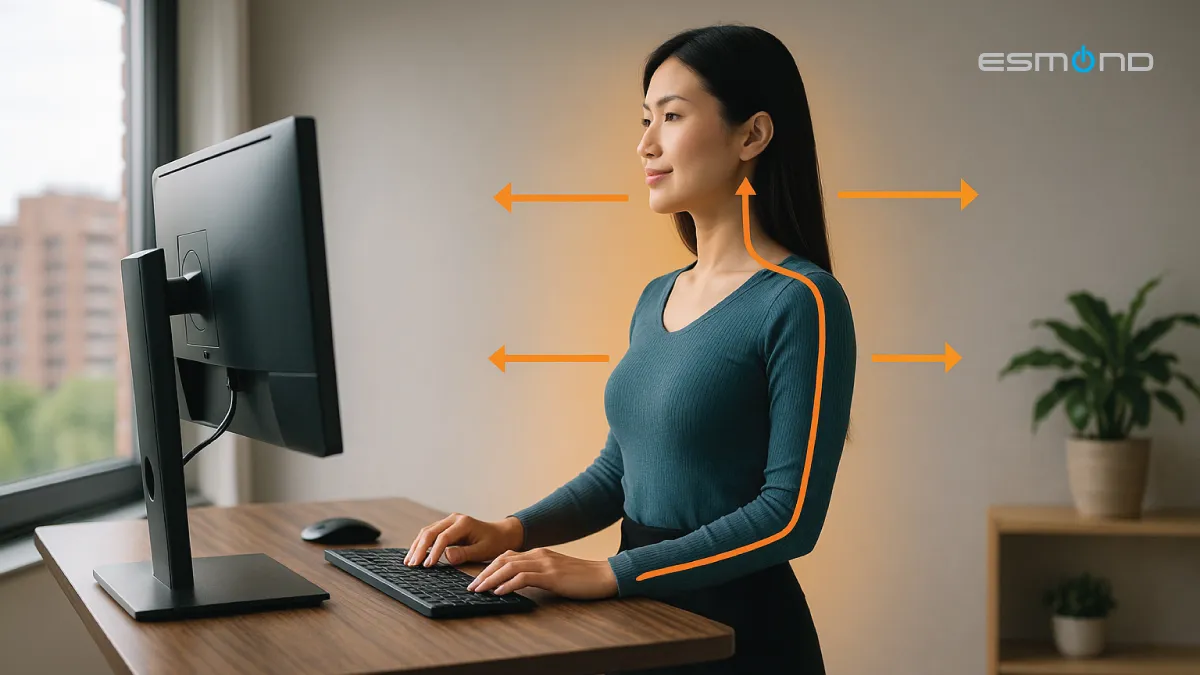 : Professional using a standing desk with upright posture, showing confidence and health benefits