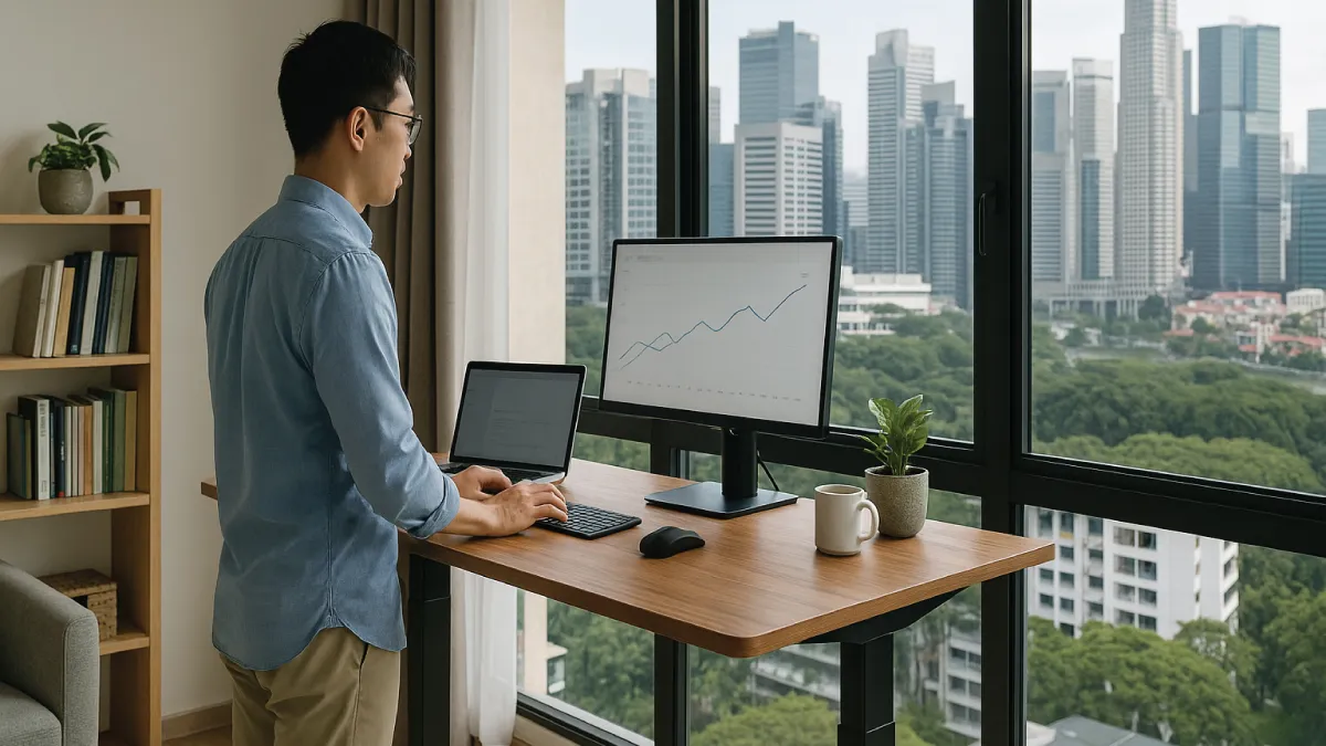 Work-from-home setup with Vival standing desk boosting productivity in Singapore