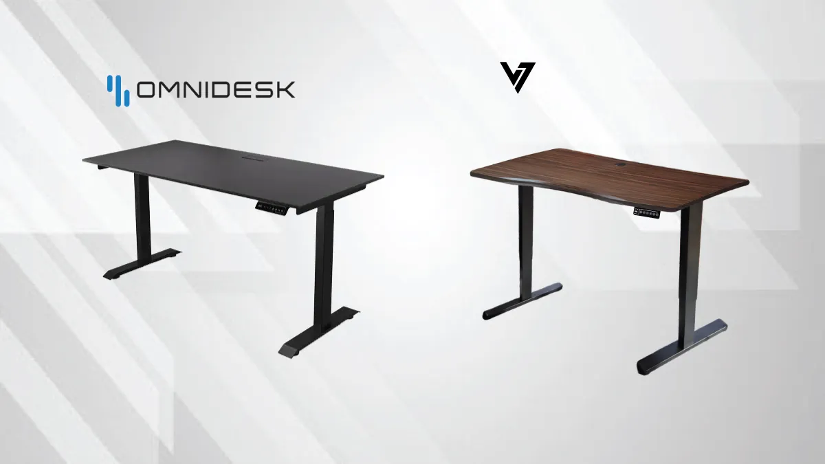 Side-by-side comparison of Omnidesk vs Vival standing desks in Singapore