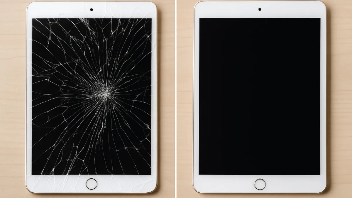 iPad with cracked screen on repair desk in Singapore