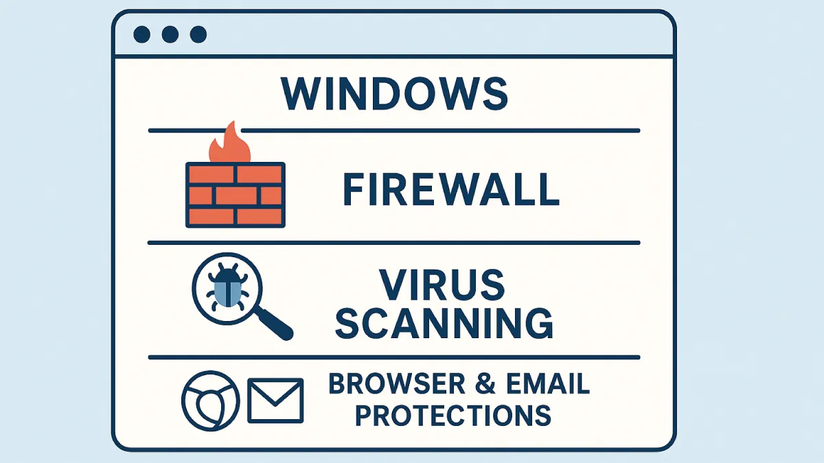 Diagram of Windows built-in security layers including firewall, real-time scanning, and SmartScreen